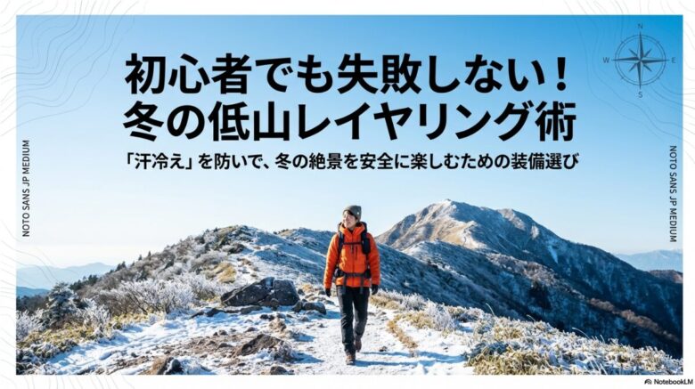 雪の残る冬の低山の稜線を、適切なレイヤリング装備で軽快に歩く女性登山者の姿。