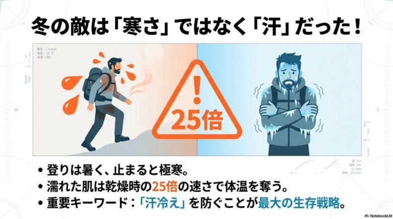 冬山で汗冷えにより激しく震えている登山者のイラスト。濡れた肌は乾燥時の25倍の速さで体温を奪うという解説テキスト