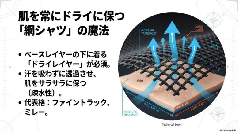 ドライレイヤーのメッシュ生地が肌（SKIN LEVEL）の汗を吸わずに透過させ、上の層へ移動させる仕組みを図解したテクニカルズーム画像