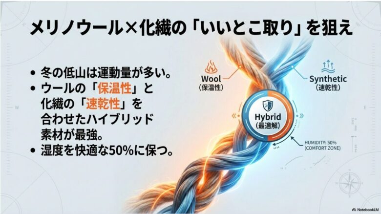 ウールの保温性と化繊の速乾性を組み合わせたハイブリッド素材が、衣服内の湿度を快適な50％に保つことを示す比較図