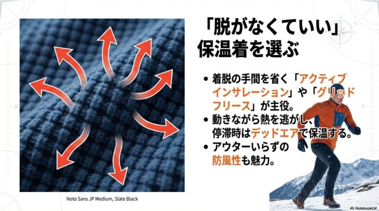 フリースの裏地が格子状（グリッド構造）になっており、凹凸によって熱を逃がしながらデッドエアで保温する様子を強調したマクロ写真