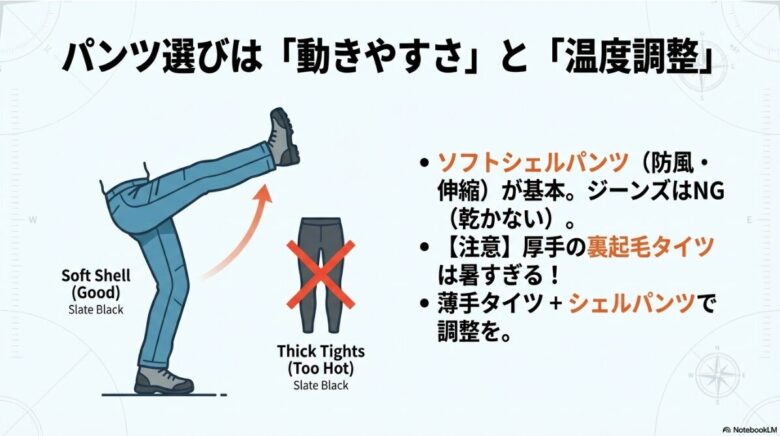 動きやすいソフトシェルパンツと、暑すぎる厚手タイツの比較イラスト。ジーンズがNGである理由も併記