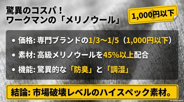 1,000円以下でメリノウール45%以上配合、驚異的な防臭・調湿機能を備えたワークマンのハイスペック素材の解説。