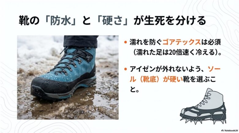 ゴアテックス製の防水登山靴と、その靴底にしっかり装着されたアイゼンのイラスト。濡れ対策とアイゼン脱落防止の重要性を解説
