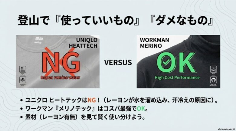レーヨンを含むヒートテックはNG、ワークマンのメリノテックはOKと、素材特性に基づいた登山での使用可否を分ける比較画像
