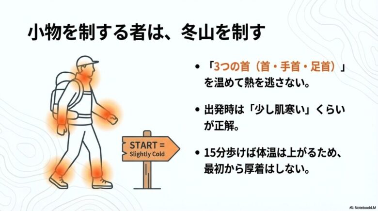 「START = Slightly Cold（少し肌寒い）」という看板の横を歩く登山者のイラスト。3つの首を温めつつ、最初は厚着をしないルールを解説