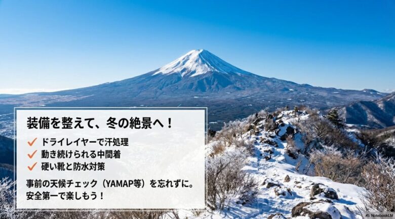 ドライレイヤーでの汗処理、動き続けられる中間着、硬い靴と防水対策など、冬山登山のレイヤリングの重要ポイントをまとめた最終スライド