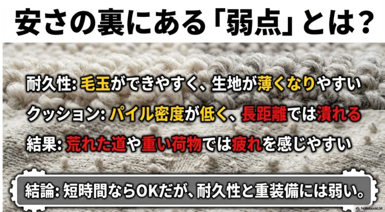 ワークマン靴下の弱点として、毛玉のできやすさやパイル密度の低さによる長距離でのクッション低下を説明する画像