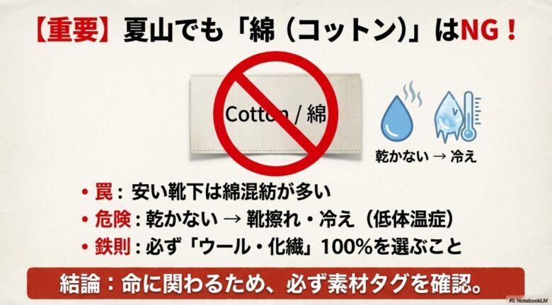登山において綿素材は乾きにくく冷えや靴擦れの原因になるため、必ずウール・化繊100%を選ぶよう警告する画像