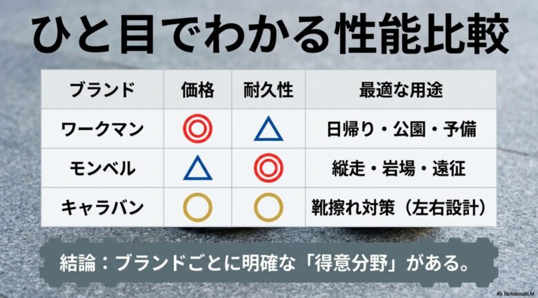 ワークマン、モンベル、キャラバンの価格・耐久性・最適な用途を一覧で比較した性能比較表。