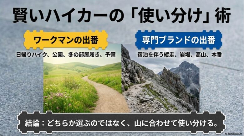 日帰りハイクや予備にはワークマン、宿泊縦走や高山には専門ブランドという賢い使い分けを提案するまとめ画像