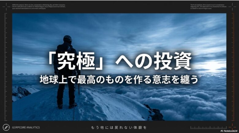 「消費者は雨を凌ぐ服ではなく、最高を目指す意志を纏っている」という、調査報告の最終結論をまとめたスライド