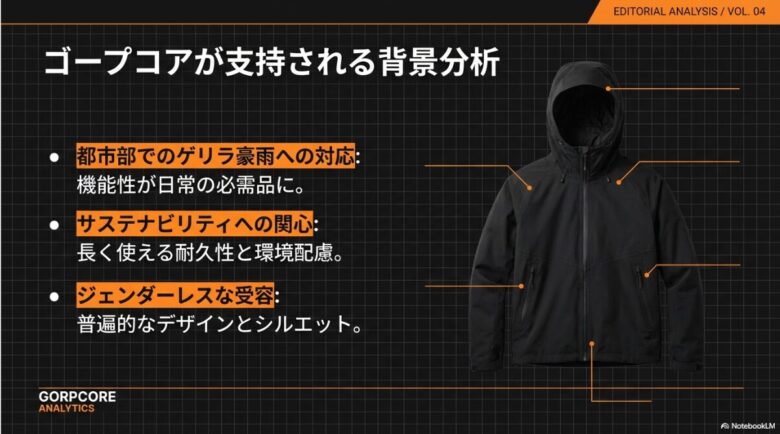 都市部でのゲリラ豪雨やサステナビリティ、ジェンダーレスな受容など、ゴープコアが支持される背景を分析したスライド