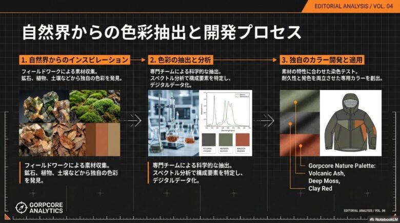 自然界から抽出した色をコンセプトに、専門チームが独自のカラーを開発するプロセスを解説したスライド。