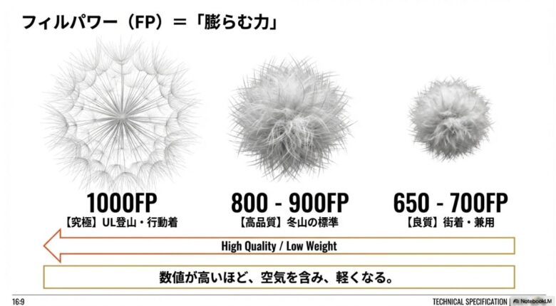 1000FP（究極）、800-900FP（高品質）、650-700FP（良質）の比較図。数値が高いほど空気を含み、軽くなることを示している