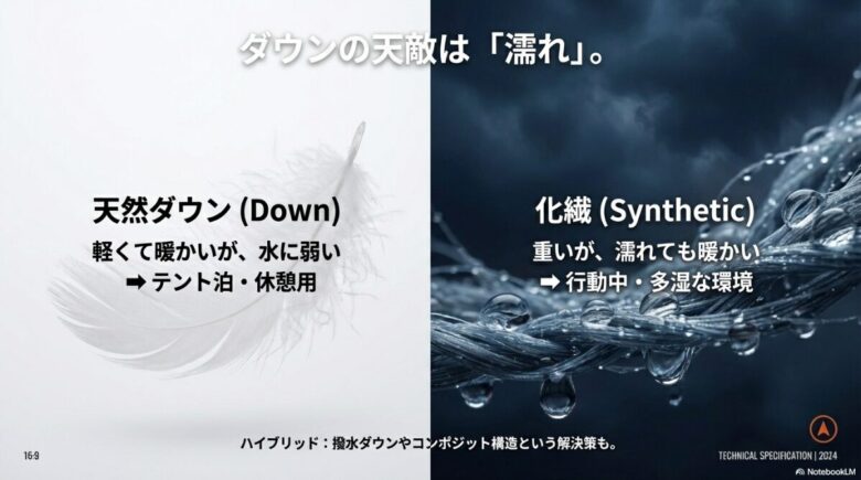 天然ダウン（軽くて暖かいが水に弱い、テント泊用）と化繊（重いが濡れても暖かい、行動中用）、およびハイブリッド構造の比較
