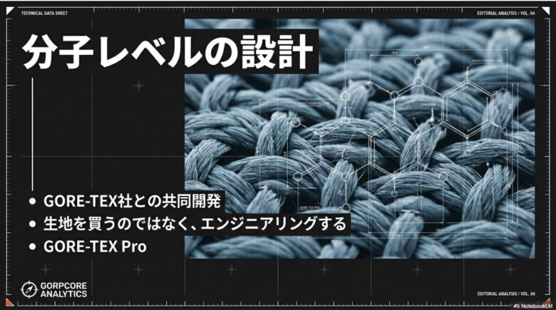 ゴアテックス社とのパートナーシップや「GORE-TEX Pro」の採用、生地をエンジニアリングするというコンセプトを説明する技術データシートのスライド