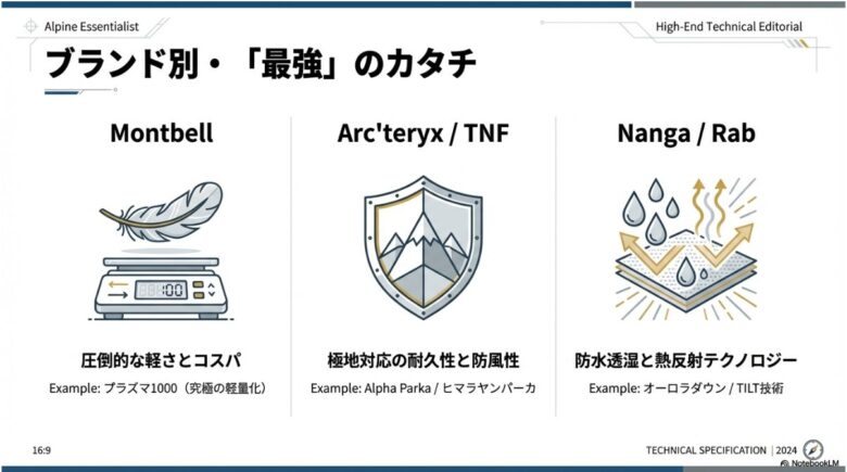 モンベル（軽さとコスパ）、アークテリクス・ノースフェイス（耐久性と防風性）、ナンガ・ラブ（防水・反射技術）など、ブランドごとの強みのまとめ