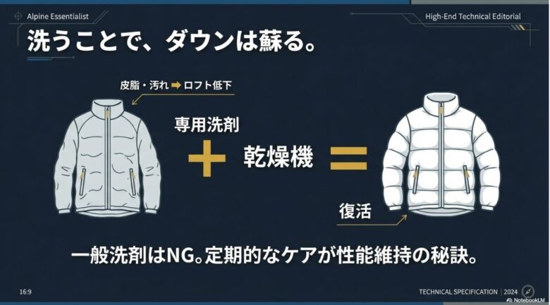 専用洗剤での洗浄と乾燥機によるロフト回復手順の図解。ボリューム低下や生地の劣化など、買い替えを検討すべき4つのサインのまとめ