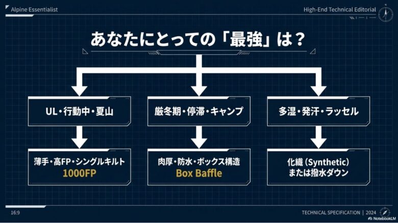UL登山なら1000FPの薄手、厳冬期テント泊ならボックス構造、行動中なら撥水ダウンや化繊というように、用途に合わせた最強の選択肢をまとめたチャート図