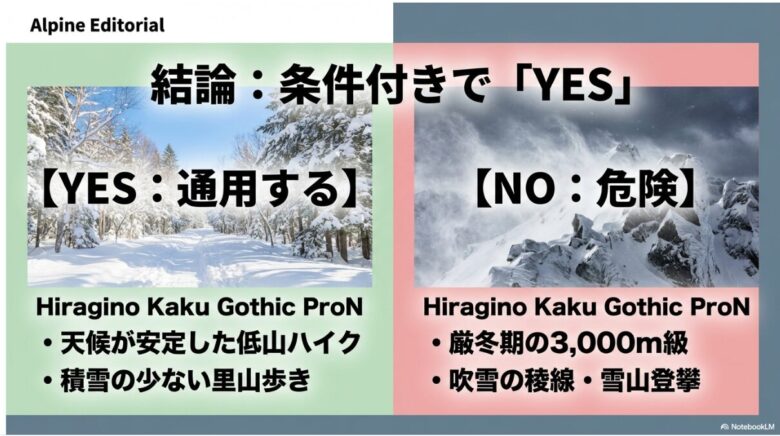 結論として条件付きで「YES」と記載。通用する例として天候の安定した低山ハイク、危険な例として厳冬期の3,000m級や吹雪の稜線を挙げて比較しているスライド