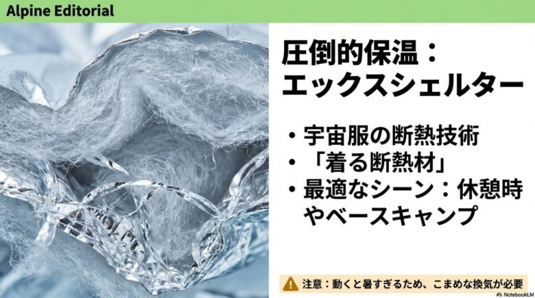 宇宙服の断熱技術を応用した「着る断熱材」エックスシェルターの断面画像。休憩時やベースキャンプに最適だが、動くと暑すぎるため換気が必要と説明されている。