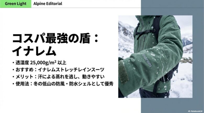 撥水するイナレムのウェアを着用した画像。透湿度25,000g/m2以上で蒸れを逃がしやすく、低山のシェルとして優秀であると解説されている。