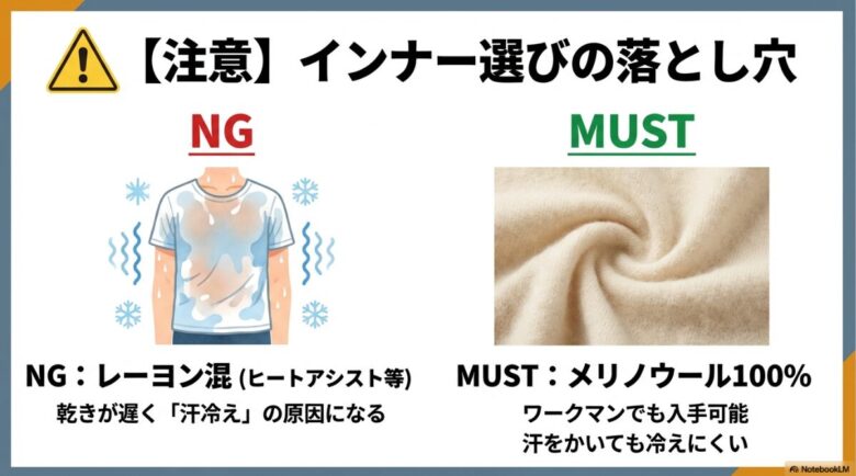 汗をかいて震える人のイラスト。NG素材としてレーヨン混（汗冷えの原因）、MUST素材としてメリノウール100%（冷えにくい）を対比させたスライド。