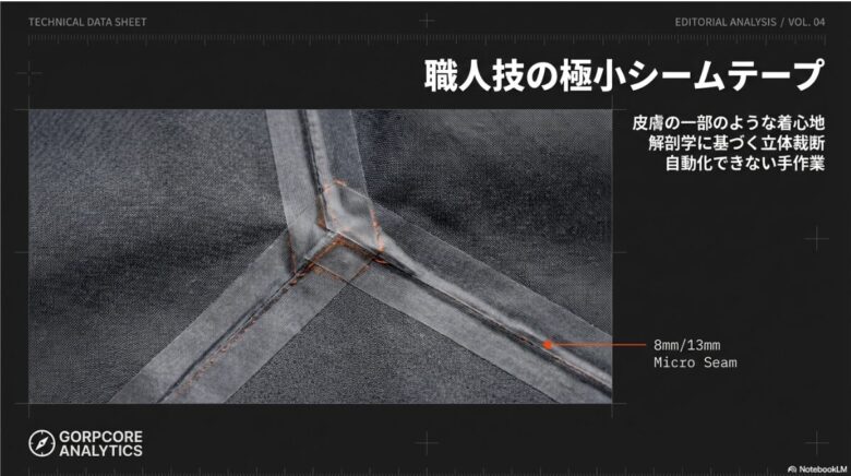 人間の動きを計算した立体裁断と、防水性を高めるための精密な極小シームテープ加工のメリットを解説するスライド。