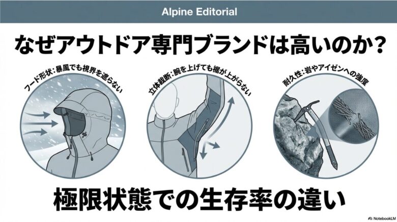 専門ブランドの強みとして、暴風でも視界を遮らないフード、裾が上がらない立体裁断、岩への耐久性をイラストで解説し、生存率の違いを強調するスライド