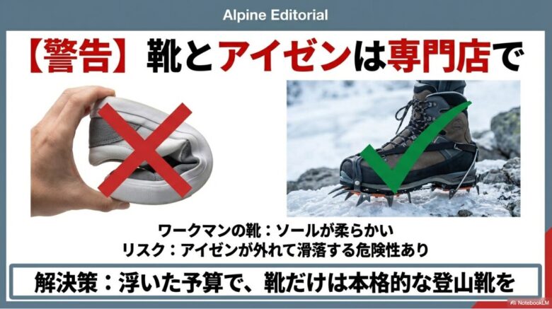 柔らかい靴を曲げている画像にバツ印。ワークマンの靴はソールが柔らかくアイゼンが外れる危険があるため、靴だけは本格的な登山靴を推奨すると警告している。