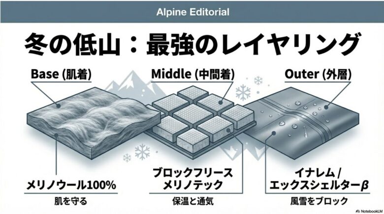 肌着にメリノウール、中間着にフリース、外層にイナレムという、ワークマン製品を組み合わせた冬登山の三層レイヤリング構造を図解したスライド