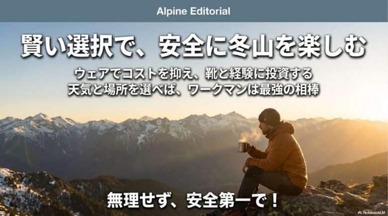 「ウェアでコストを抑え、靴と経験に投資する」というメッセージと共に、天気と場所を選んで安全第一で楽しむことを促すまとめのスライド。