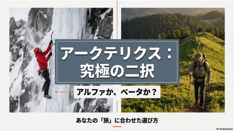アルファかベータか、自分の旅に合わせた最適な一着を選ぶための導入スライド