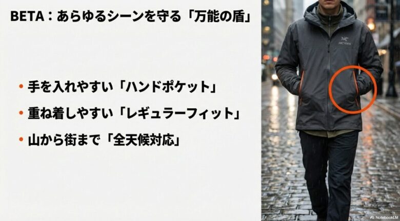 ハンドポケットやレギュラーフィットなど、山から街まで対応するベータの汎用性を示す画像
