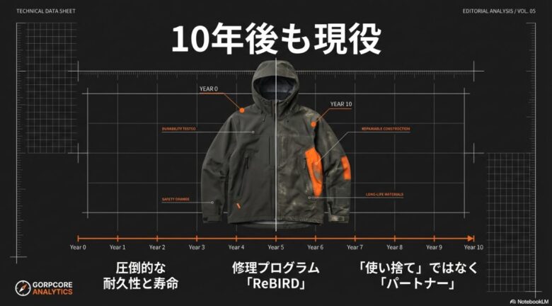 購入時から10年後までの製品寿命をグラフ化し、長期使用によるコストパフォーマンスと耐久性を証明する技術データスライド。