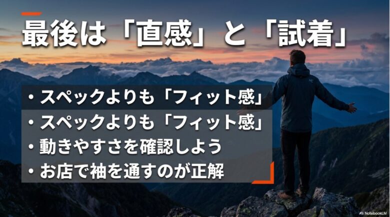 スペックよりもフィット感や動きやすさを確認し、店舗での試着を推奨する最終チェックのスライド