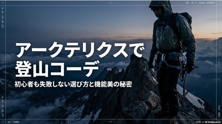 アークテリクスの登山コーデに関するプレゼンテーション資料の表紙。初心者も失敗しない選び方と機能美の秘密というタイトルが記載されています。