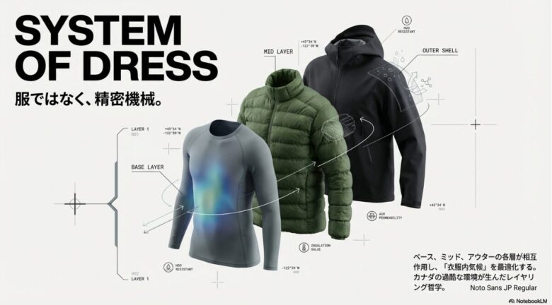 アークテリクスのレイヤリング哲学「SYSTEM OF DRESS」の解説スライド。ベース、ミッド、アウターの各層が相互作用して衣服内気候を最適化することを説明しています。
