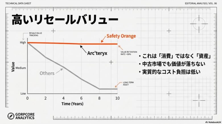 他社ブランドと比較して80%以上の価値保持率を誇るアークテリクスの資産価値（リセールバリュー）を解説するグラフスライド。