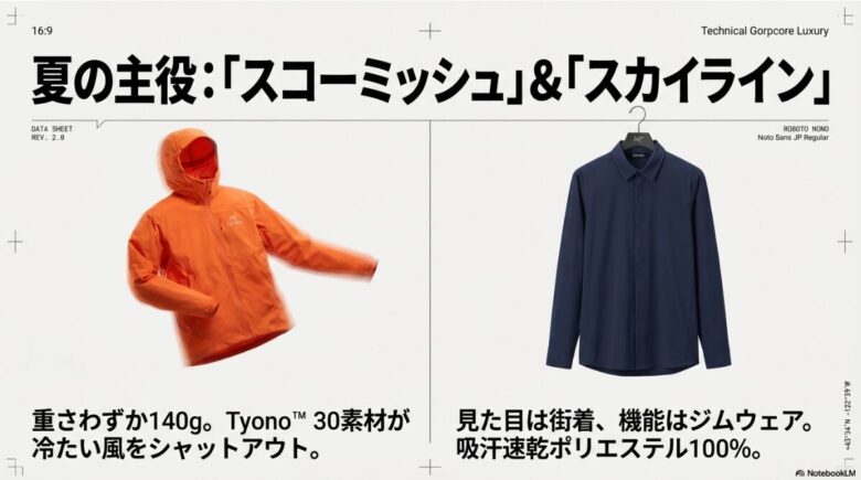 夏の登山で活躍するスコーミッシュフーディとスカイラインシャツを紹介するスライド。軽量性や速乾性、街着としてのデザイン性を強調しています