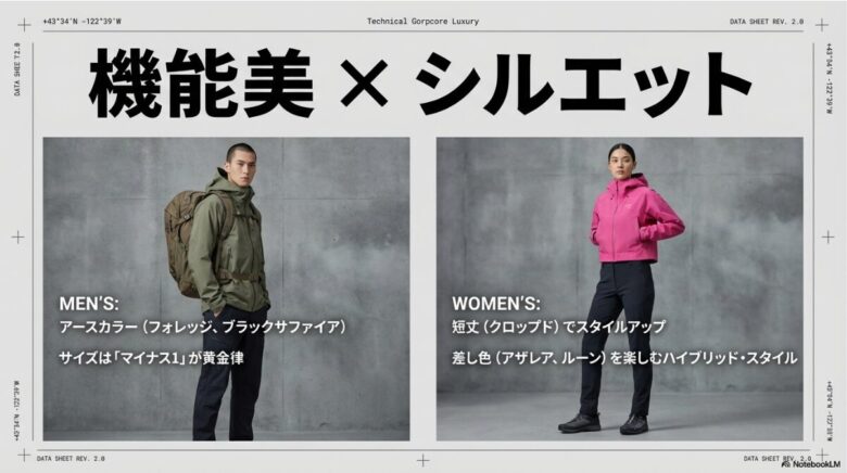 メンズのマイナス1サイズという黄金律やアースカラー、レディースの短丈クロップドや差し色の楽しみ方を解説するスタイリングガイドスライド。