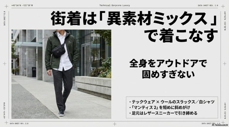 登山ウェアを街着として着こなすコツを紹介するスライド。テックウェアにウールのスラックスや白シャツ、レザースニーカーを合わせる異素材ミックスを提案しています