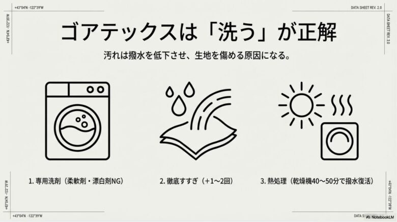 ゴアテックス製品の洗濯手順を解説するスライド。専用洗剤の使用、徹底的なすすぎ、乾燥機による熱処理の3ステップを説明しています。
