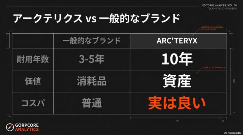 耐用年数10年のアークテリクスと3〜5年の一般ブランドを比較し、資産としての価値と技術的優位性をまとめた比較データシート