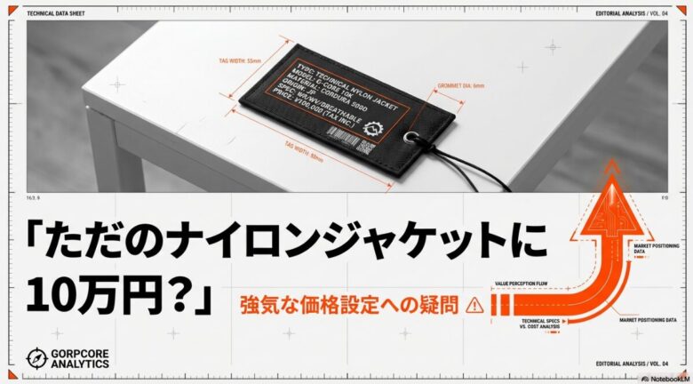 「ただのナイロンジャケットに10万円？」という疑問と、マーケットポジションを分析するデータシートのスライド画像