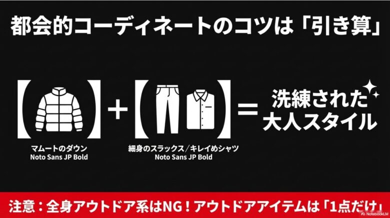 マムートのダウンに細身のスラックスやキレイめシャツを合わせる「引き算」のコーディネートで、洗練された大人スタイルになることを示す図解