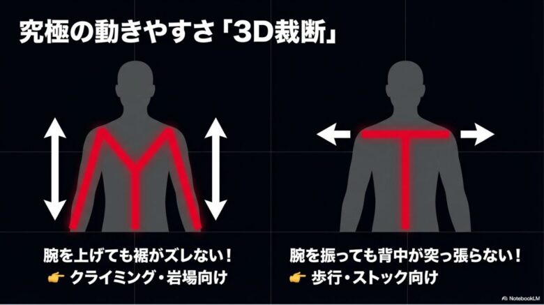 腕を上げても裾がズレないクライミング向け裁断と、腕を振っても背中が突っ張らない歩行向け裁断の解説スライド