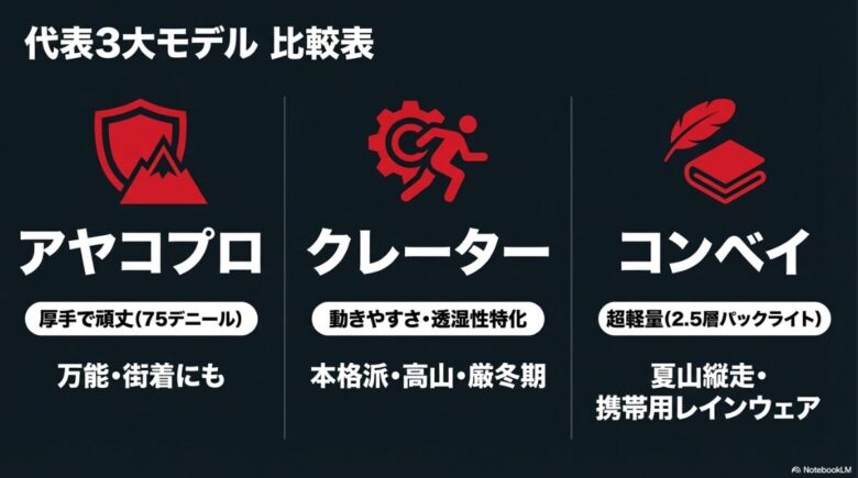 アヤコプロ、クレーター、コンベイの各モデルの厚み、重量、主な用途を比較した一覧スライド