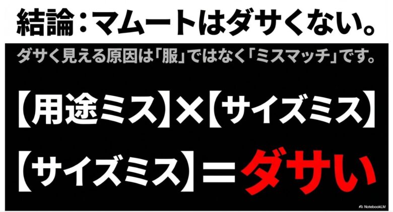 「マムートはダサくない。ダサく見える原因は服そのものではなく、用途とサイズのミスマッチである」という結論を強調するスライド